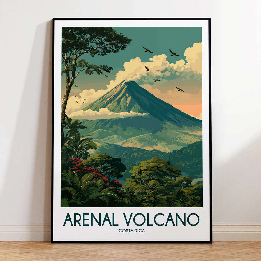 Arenal Volcano Retro Travel Illustration