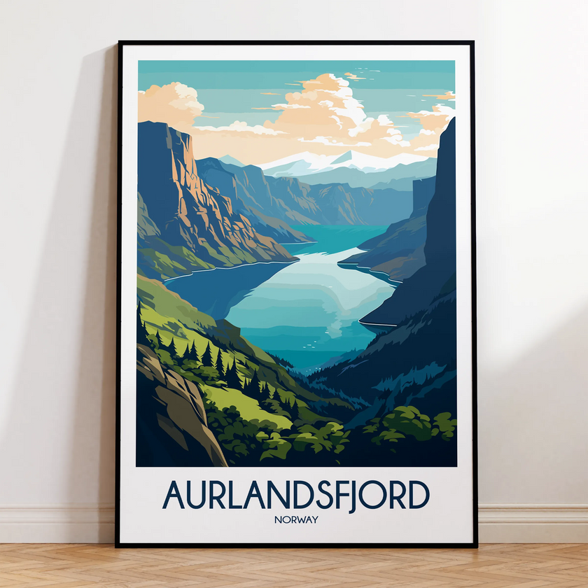 Aurlandsfjord Retro Travel Illustration