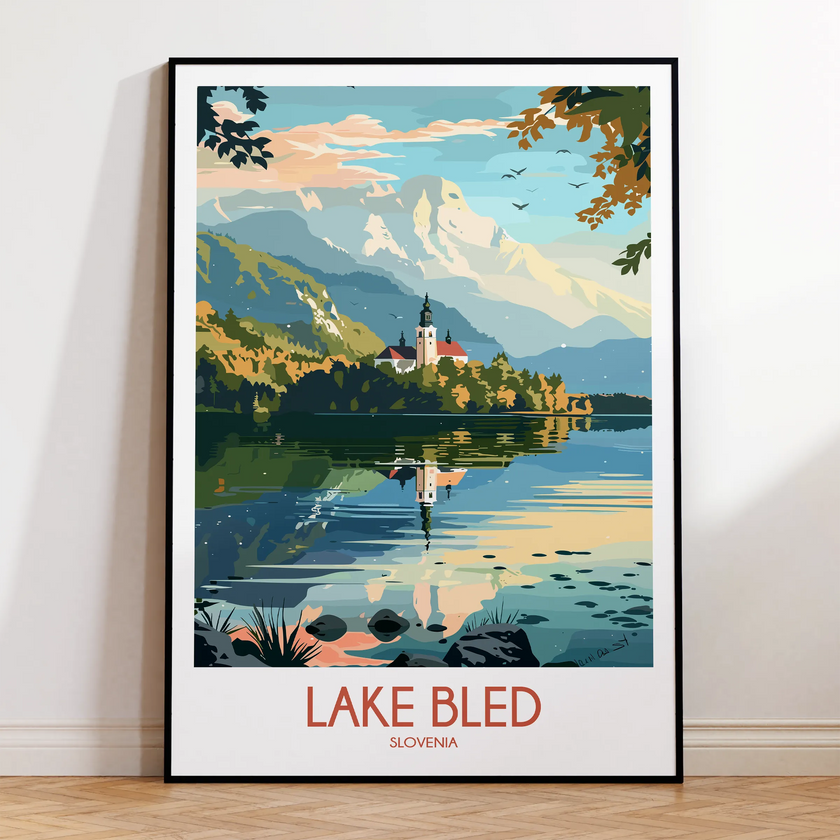 Lake Bled Retro Travel Illustration