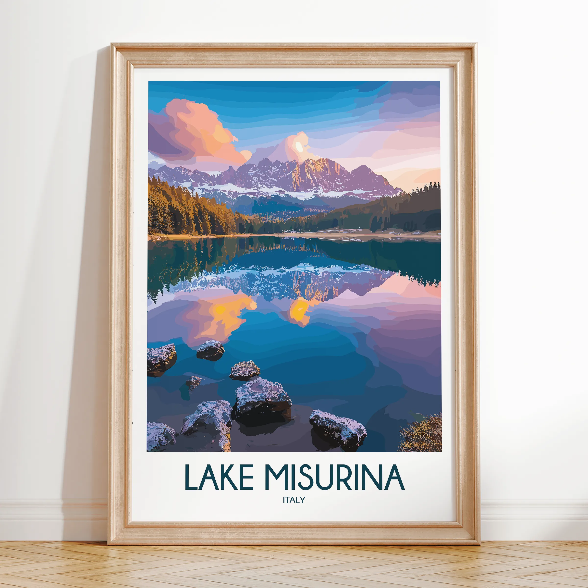 Lake Misurina Retro Travel Illustration