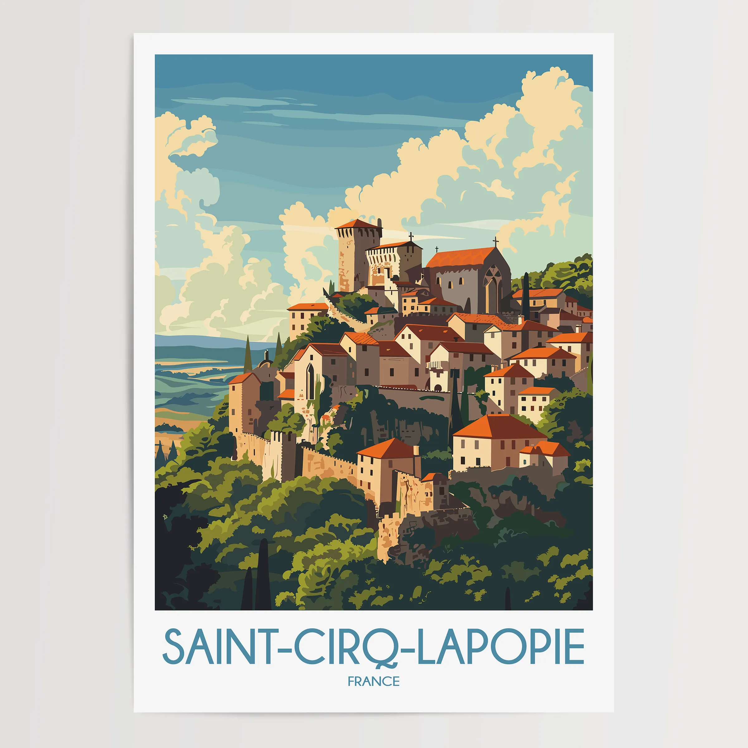 Saint-Cirq-Lapopie Retro Travel Illustration