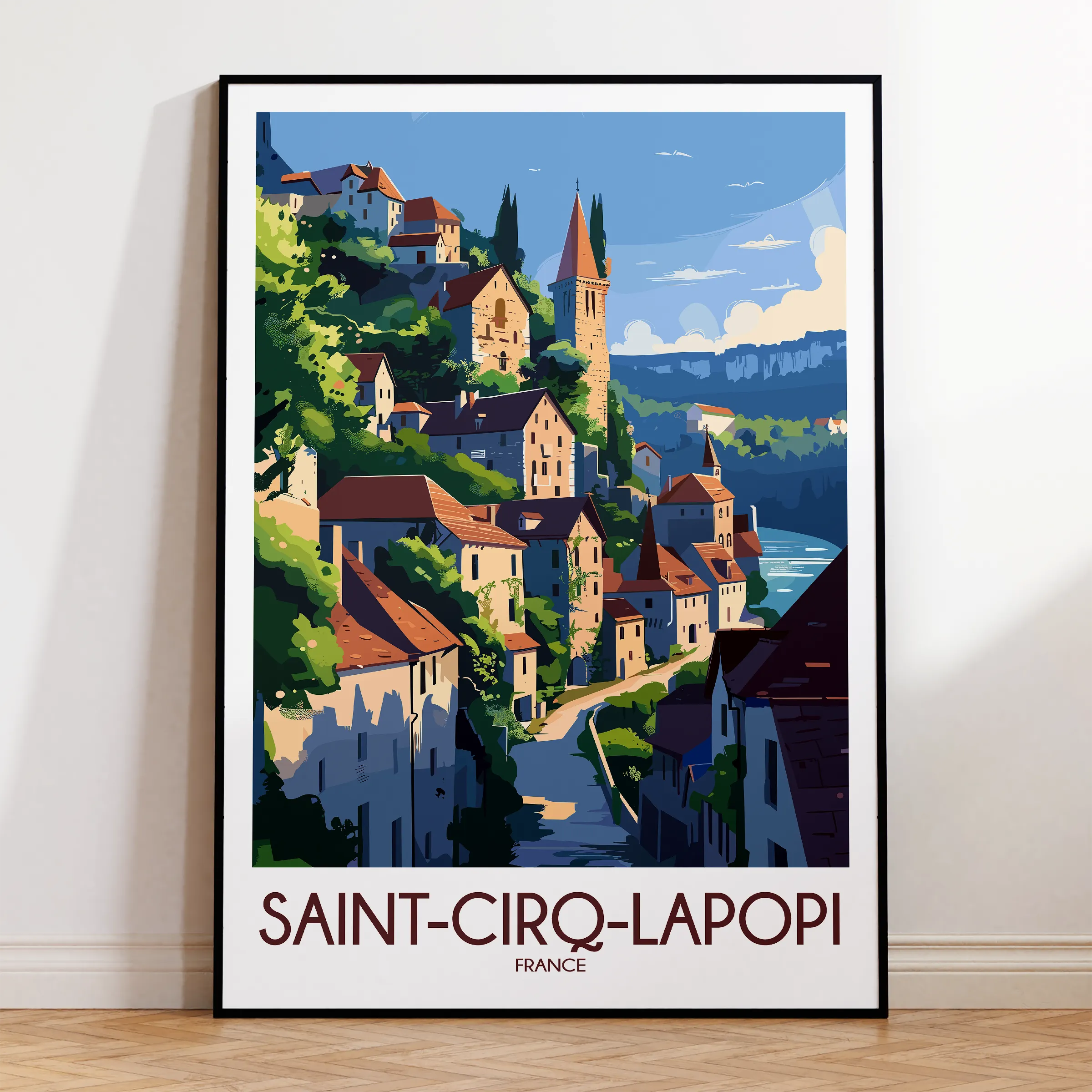 Saint-Cirq-Lapopie Retro Travel Illustration