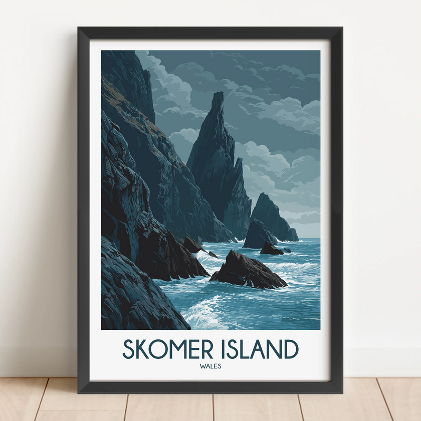 Skomer Island Retro Travel Illustration