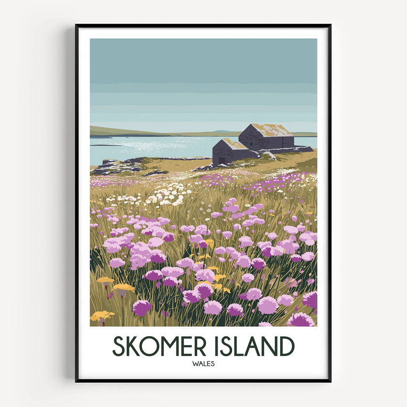 Skomer Island Retro Travel Illustration