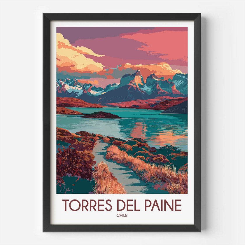 Torres Del Paine Retro Travel Illustration